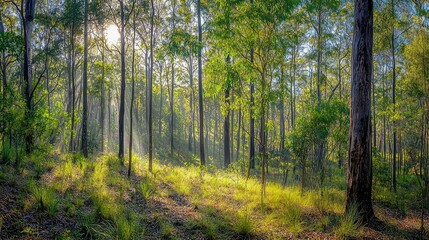 Obraz premium Serene Sunlight Filtering Through Lush Green Forest in Morning Glow