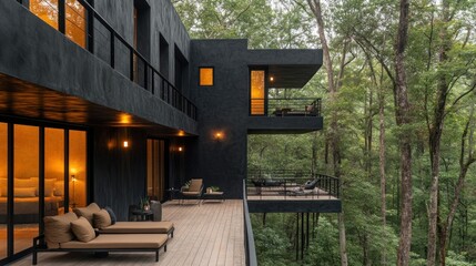Fototapeta premium Modern balcony overlooking a lush forest landscape.