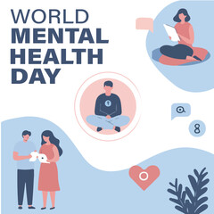 A World Mental Health Day design featuring a person meditating surrounded by calm visuals and supportive elements, emphasizing mental well-being and self-care