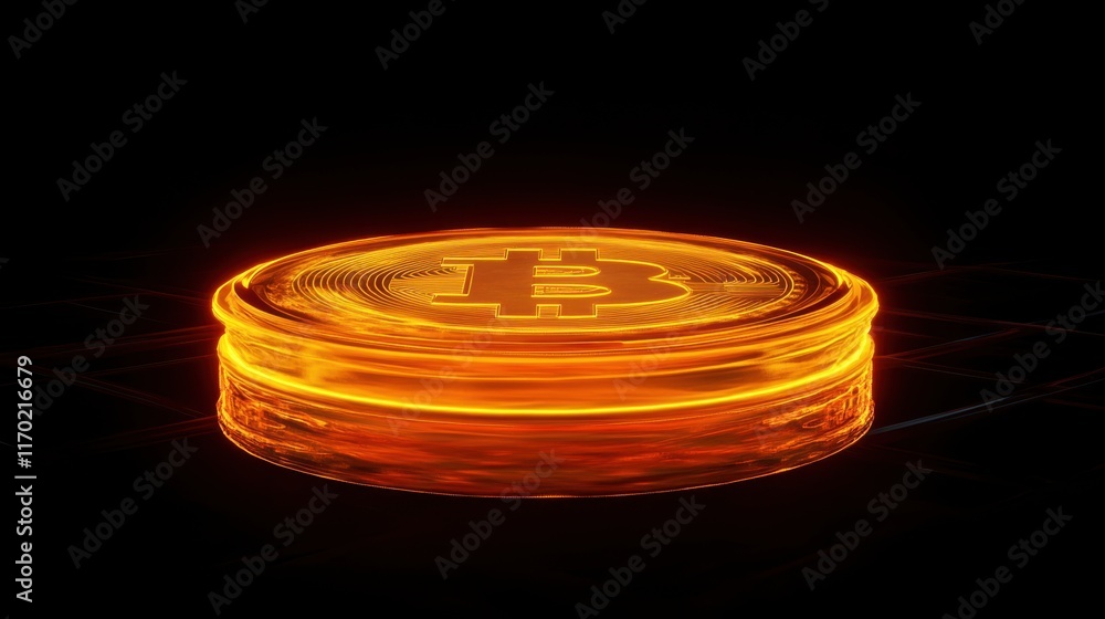 Poster a glowing bitcoin coin floating in a futuristic digital grid, symbolizing