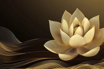 Golden lotus flower on dark background with abstract waves.