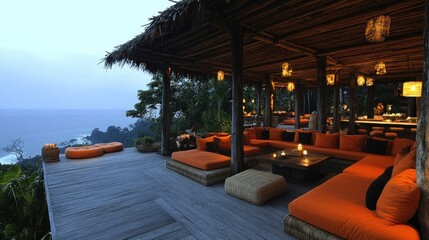 Fototapeta premium Cozy outdoor lounge with ocean view at twilight.