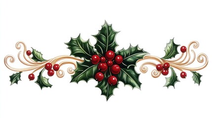 Festive holly berry and leaf design element with gold swirls, perfect for Christmas cards or winter decor.