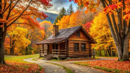 Rustic autumn cabin nestled in vibrant foliage, scenic vista.