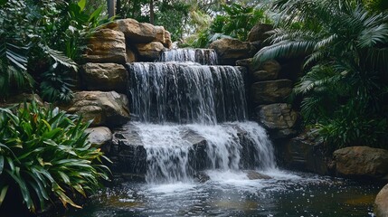 Naklejka premium Serene Waterfall Cascading Over Rocks Surrounded by Lush Greenery