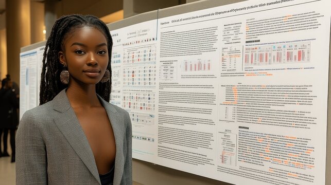 A young woman stands confidently beside her scientific poster presentation at a conference.