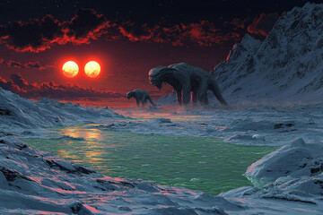 Obraz premium Alien creatures by a toxic river on an icy exoplanet with two suns.
