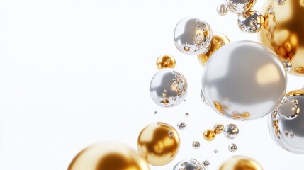 Shimmering Gold and Silver Balloons in Midair - 3D Render on White Background with Copy Space for Campaigns or Banners