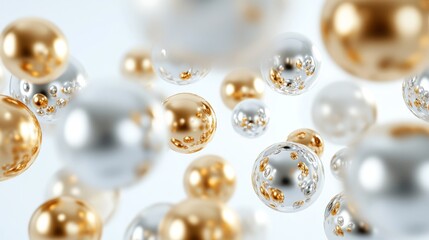 Opulent Gold and Silver Balloons Floating in Midair on White Background with Copyspace for Text - 3D Illustration