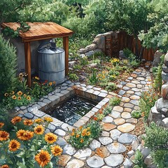 Naklejka premium Serene Garden Oasis with Stone Path and Water Feature