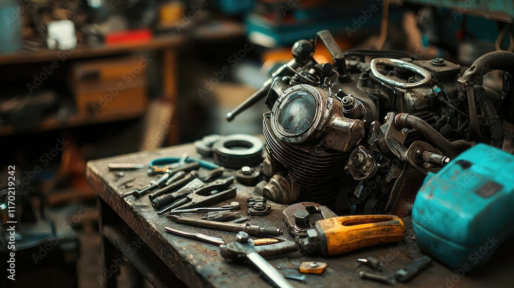 Poster mechanical workshop with tools and engine on table in background