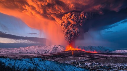 Fototapeta premium Majestic Eruption of Volcano Under Dramatic Sunset Sky in Iceland