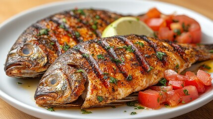 Grilled fish served with lime and fresh tomatoes.