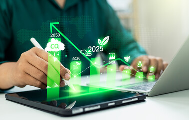 Carbon emission reduction target, Green economy and sustainability Net Zero future. Sustainable development, Energy goals 2025. CO2 emission graph, Goals  sustainable planet by 2050.World Environment.
