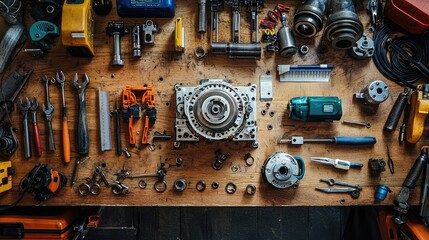 Tools and Equipment on a Wooden Workbench for Mechanical Crafts