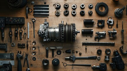 Detailed Arrangement of Engine Parts on Wooden Workbench Surface