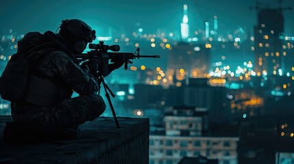 Soldier on Rooftop at Night with Sniper Rifle and City Lights