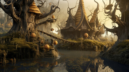 Fototapeta premium Enchanted Swamp Village in Autumn
