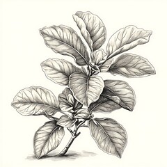 Detailed Line Art Illustration of a Magnolia Branch with Leaves and Buds.