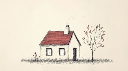 Simple Hand-Drawn House with Red Roof and Tree in Country Landscape