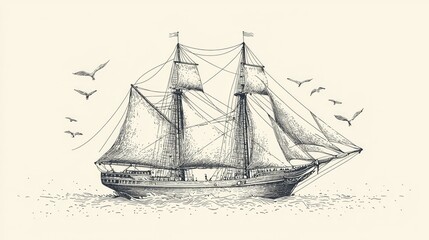 Vintage Sailing Ship Illustration with Birds in Nostalgic Style