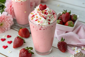 delicious pink strawberry smoothie topped with whipped cream, fresh strawberries, and heart shaped sprinkles, perfect for sweet treat