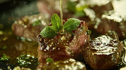 Drizzling Olive Oil on Savory Grilled Steak with Fresh Herbs