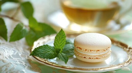 Elegant Green Tea with Macaron and Fresh Mint on a Beautiful Plate