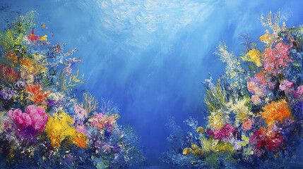 Naklejka premium Vibrant coral reef scene with colorful marine life and blue water