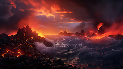 Volcanic Eruption Over the Ocean at Sunset