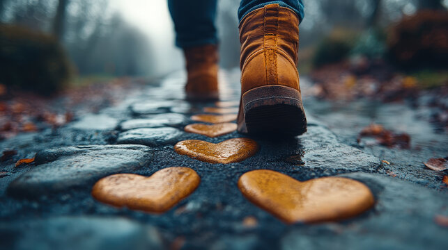 Walking on cobblestone path with heart shaped stones, autumn vibes