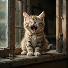 창문에 앉아서 하품을 하고 있는 귀여운 아기 고양이