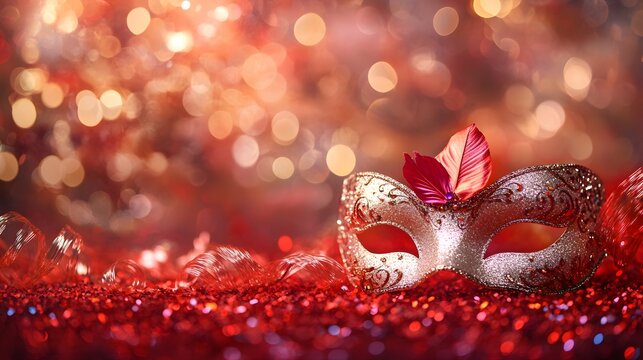 Elegant Venetian Mask Rests on Red Glitter