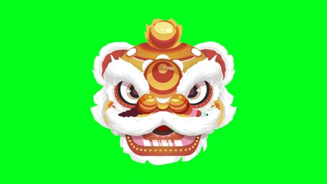 Animated Chroma key video of a Chinese lion dance head, Chinese and Lunar new year holidays isolated on a green screen. Masque Barongsai.