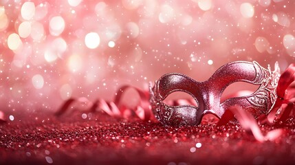 Glittering Red Mask on Sparkling Festive Background