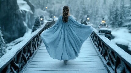 Enchanting winter scene a young woman in a blue dress walks on a snowy bridge fantasy landscape serene atmosphere