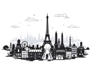 Obraz premium Elegant silhouette of Paris cityscape featuring iconic landmarks like the Eiffel Tower, Notre Dame, and Arc de Triomphe. A timeless design capturing the romantic charm and beauty of Paris in minimalis