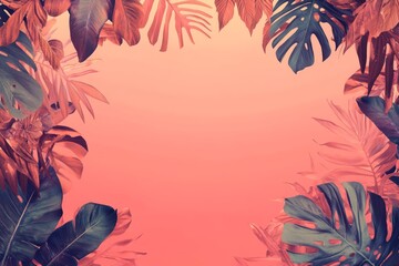 Tropical leaves frame on coral background.