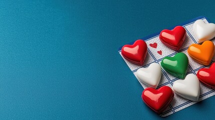 Valentine Game Concept, Colorful Valentine's Day Bingo Card with Heart-Shaped Tokens on a Blue Background
