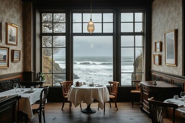 Ocean view dining room with table set for two. Dramatic waves crash against the rocks below.