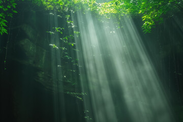 Sunlight beams through lush greenery in serene forest clearing