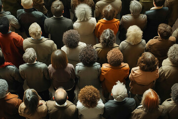 Diverse group of adults wearing jackets in a crowd gathering