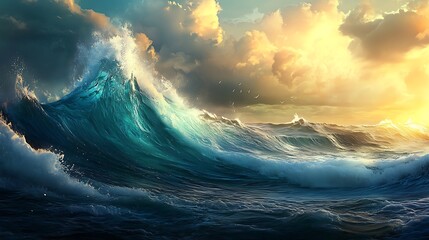 Fototapeta premium Majestic Ocean Waves Crashing Under a Golden Sunset Sky