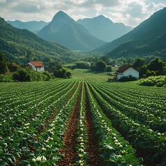 Lush Green Agricultural Fields Surrounded by Majestic Mountains and Scenic Views Photo