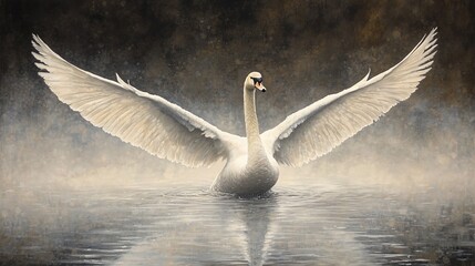 Majestic swan with wings outstretched on calm water.