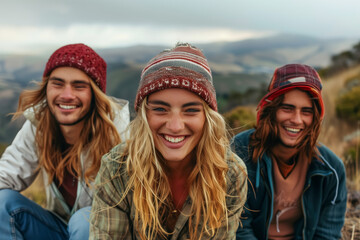 Young adults smiling outdoors in beanies with scenic mountain background