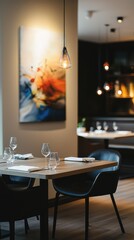 Elegant Dining Space with Artistic Decor and Soft Lighting Ambiance