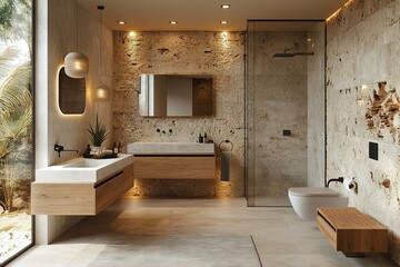 Modern bathroom with stone walls, wooden vanity, and glass shower enclosure.