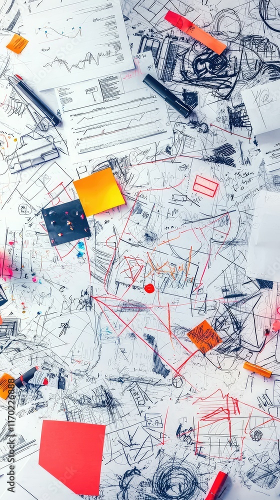 Poster creative workspace with sketches and colorful notes on table