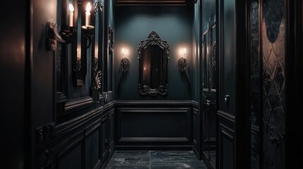 Elegant Dark Hallway with Vintage Mirror and Wall Sconces